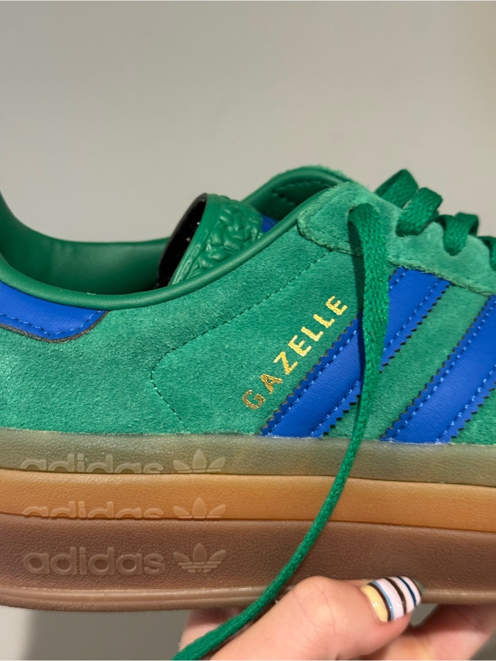 Adidas Gazelles Green Suede Women’s platform Sneakers with Blue Stripes - Picture 7 of 10